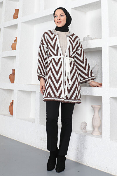 Tesettür Dünyası Zigzag Patterned Knitwear Cardigan Tsd230349 Brown
