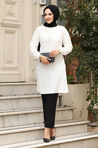 Tesettür Dünyası White Lace Detailed Necklace Tunic - Tsd 240408