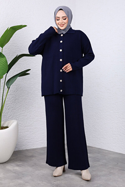 Tesettür Dünyası Front Buttoned Knitwear Set Tsd 240936 Navy Blue