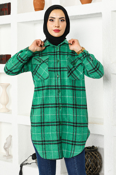 Tesettür Dünyası Πράσινο πουκάμισο ξυλοκόπο - Δύο τσέπες, Tsd 221016