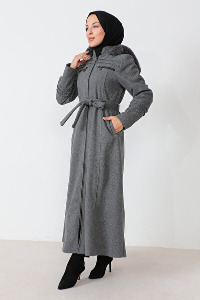 Tesettür Dünyası Kabát na zip po celé délce s ozdobnými kapsami TSD230810 šedý