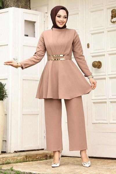 Tesettür Dünyası Drape részletes öves krepp öltöny TSD240248 Mink