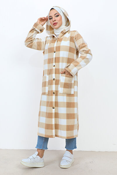 Tesettür Dünyası Παλτό Fleece με καρό σχέδιο με τσέπες TSD231101 Μπεζ
