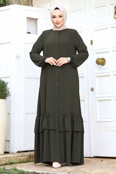 Tesettür Dünyası Buttoned Skirt Frilly Hijab Ferace TSD240243 Khaki