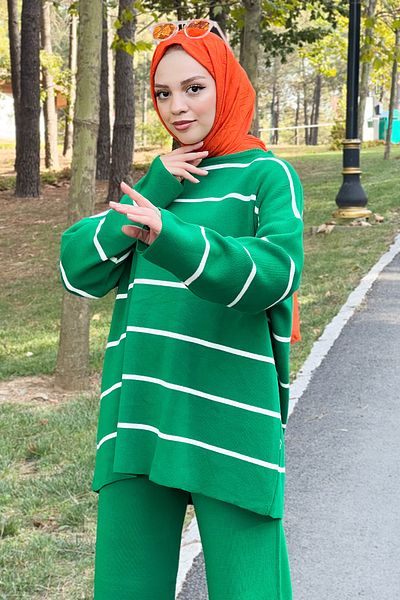 Tesettür Dünyası Striped Knitwear Suit Tsd220905 Green