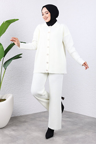 Tesettür Dünyası Λευκό Πλεκτό Σετ - TSD 240936 , Μπροστινό κουμπί