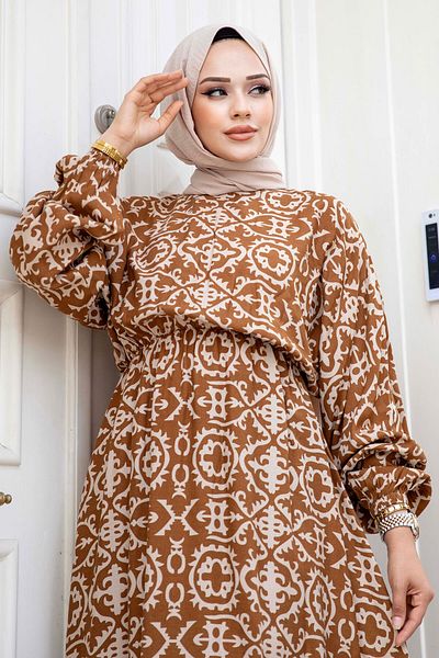 Tesettür Dünyası Viskose-Kleid mit Kamelmuster – Fledermausärmel und Taillengummi Tsd 240520