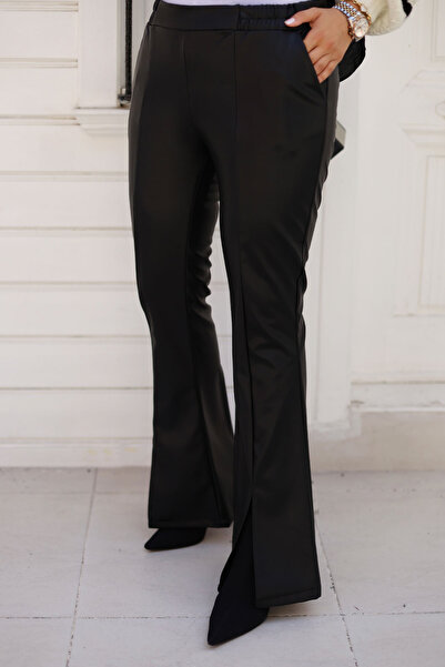 Tesettür Dünyası İspanyol Paça Önü Yırtmaçlı Deri Pantolon TSD240813 Siyah