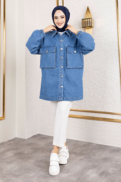 Tesettür Dünyası Blue Oversize Denim Jacket - with Bellows and Pockets