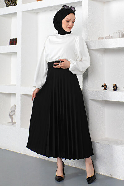 Tesettür Dünyası Belted Pleated Skirt Tsd220915 Black