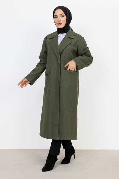 Tesettür Dünyası Double Buttoned Coat with Cover Pockets TSD231109 Khaki