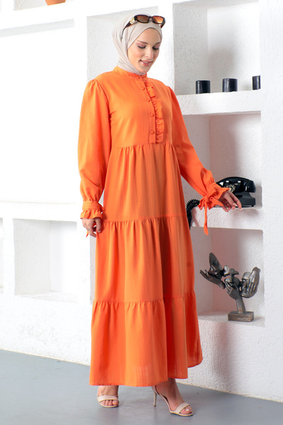Tesettür Dünyası Dlouhé hidžábové šaty s páskou na zavazování Tsd221207 oranžové