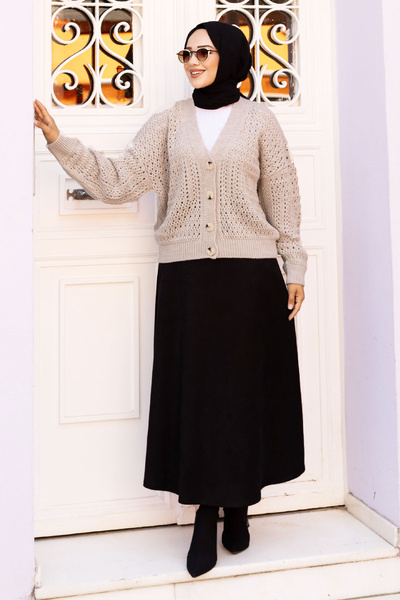 Tesettür Dünyası Mink Knitwear Cardigan - Buttoned and Perforated, TSD 240717