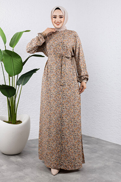 Tesettür Dünyası Πολύχρωμο λουλουδάτο μακρύ μαντίλι φόρεμα από βισκόζη TSD240920 Mink
