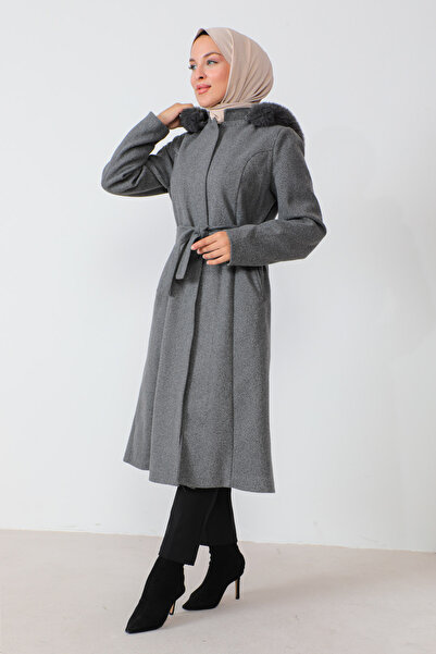 Tesettür Dünyası Hidden Zipper Belted Cashmere Coat TSD230813 Gray