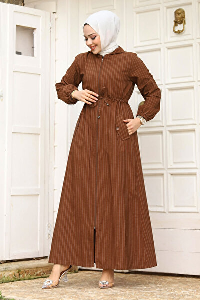 Tesettür Dünyası Καφέ Hijab Ferace με κουκούλα - Κορδόνι, TSD 240239