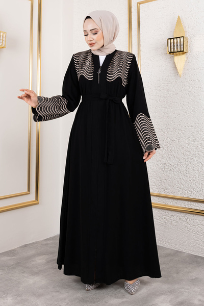 Tesettür Dünyası Black Embroidered and Stone Detailed Abaya - Tsd 250110