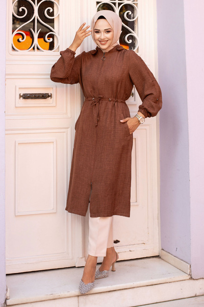 Tesettür Dünyası TSD240701 Μοντέλο Καφέ Πόρτα μέσης με κουκούλα και σχοινί