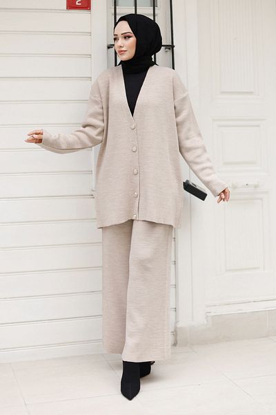 Tesettür Dünyası Beige Knitwear Cardigan Set - Stone Detailed Button Tsd 240932