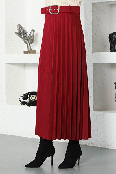 Tesettür Dünyası Belted Pleated Skirt Tsd220915 Claret Red