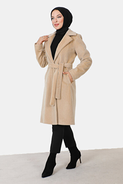 Tesettür Dünyası Waist Belted Fox Coat TSD230917 Beige