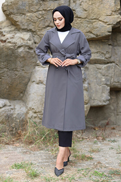 Tesettür Dünyası Katlama Kol Detaylı Trençkot TSD240921 Gri