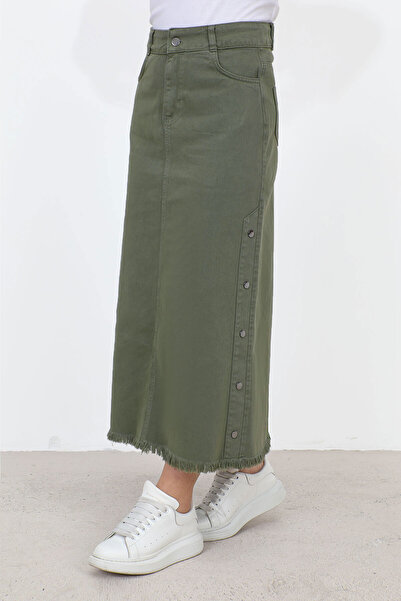 Tesettür Dünyası Denim Skirt with Flared Sides TSD22019 Khaki