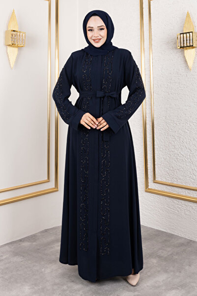 Tesettür Dünyası Navy Blue Chain Stone Abaya TSD 250126