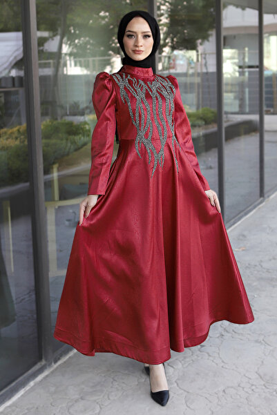Tesettür Dünyası Elöl flitteres részletes estélyi ruha Tsd220544 Claret Red