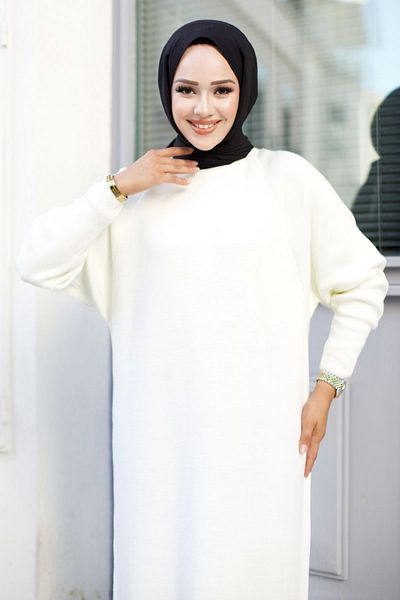 Tesettür Dünyası Λευκό Πλεκτό Φόρεμα Reglan Sleeve - TSD 240725