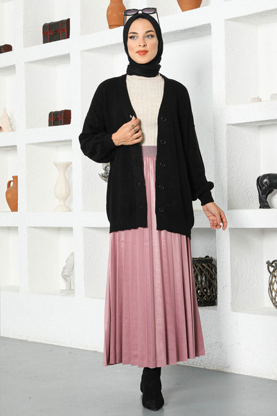 Tesettür Dünyası Dried Rose Leather Look Pleated Skirt - Tsd 221001