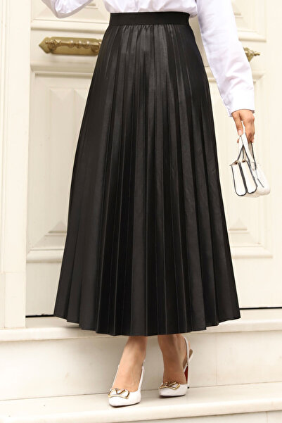 Tesettür Dünyası Fekete bőr megjelenésű rugalmas derékszoknya - TSD240503