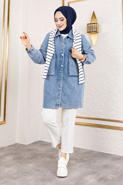 Tesettür Dünyası Oversize Denim Jacket Tsd with Bellows Pockets 250103 Light Blue