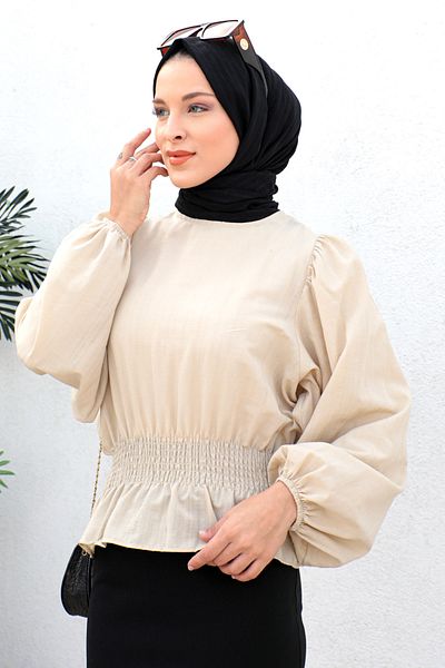 Tesettür Dünyası Waist Waist Elastic Blouse Tsd221203 Beige