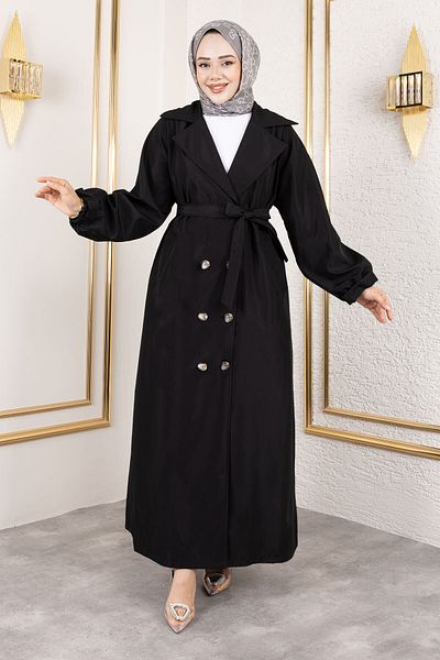 Tesettür Dünyası Full Length Epaulet Detailed Trench Coat Tsd250149 Black