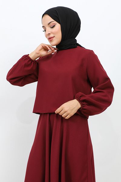 Tesettür Dünyası Skirt Suit with Elastic Sleeves TSD231105 Claret Red