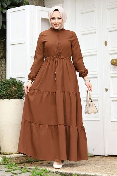 Tesettür Dünyası Front Half Button Hijab Dress TSD240229 Brown