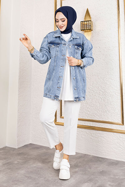 Tesettür Dünyası Ανοιχτό μπλε Classic Τζιν Μπουφάν - Κουμπιά, Tsd 250105