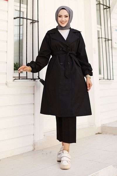 Tesettür Dünyası Black Trench Coat - Tsd with Shoulder Epaulet and Belt Detail 240810