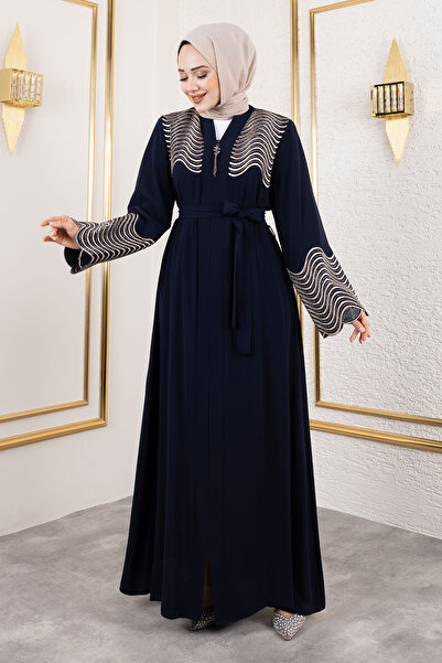 Tesettür Dünyası Navy Blue Embroidered and Stone Detailed Abaya - Tsd 250110
