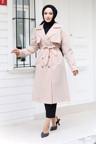 Tesettür Dünyası Arkası Zincir Detaylı Trençkot TSD240902 Bej