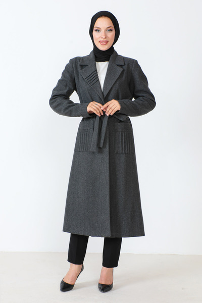 Tesettür Dünyası Waist Belted Cashmere Coat TSD230804 Anthracite