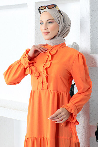 Tesettür Dünyası Dlouhé hidžábové šaty s páskou na zavazování Tsd221207 oranžové