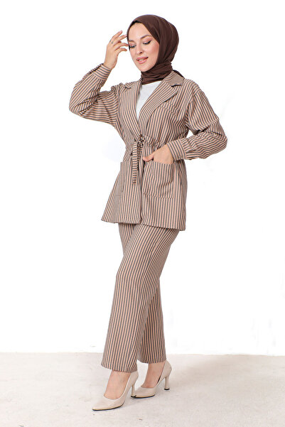 Tesettür Dünyası Striped Jacket Suit TSD230816 Tan
