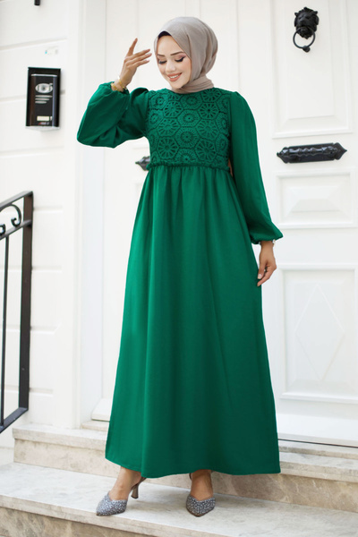 Tesettür Dünyası Μακρύ μαντίλι με δαντέλα μπροστά TSD240519 Σμαραγδένιο πράσινο