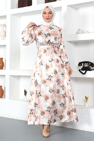 Tesettür Dünyası Kleid mit Rosenmuster Tsd230425 Orange