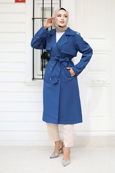 Tesettür Dünyası Arkası Zincir Detaylı Trençkot TSD240902 Mavi