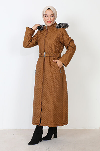 Tesettür Dünyası Full Length Patterned Quilted Coat TSD230912 Tan