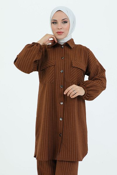 Tesettür Dünyası Drop Pocket Covered Buttoned Suit TSD231209 Brown