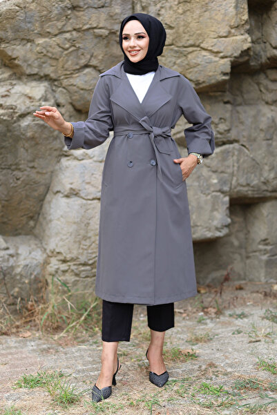 Tesettür Dünyası Katlama Kol Detaylı Trençkot TSD240921 Gri